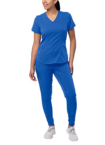 Adar Pro Modern Athletic Scrub Set for Women - Modern V-Neck Scrub Top & Yoga Jogger Scrub Pants - P9500 - Royal Blue - XS