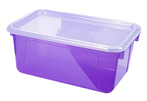 Image of Storex Small Cubby Bins - Plastic Storage Containers for Classroom with Non-Snap Lid, 12.2 x 7.8 x 5.1 inches, Tint Violet, 5-Pack (62484A05C)