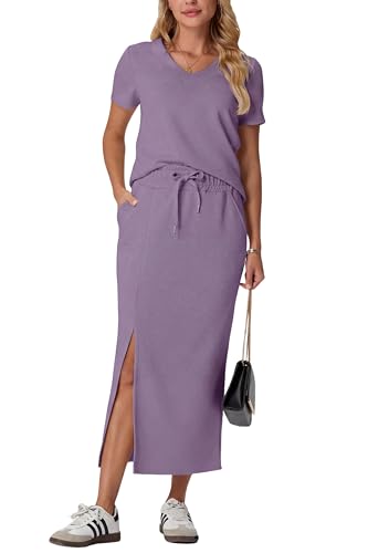 Image of GRECERELLE Women Summer Casual 2 Piece Sets V-Neck Wrinkle-Free Top & Elastic Waist Midi Side Slit Skirt with Pockets