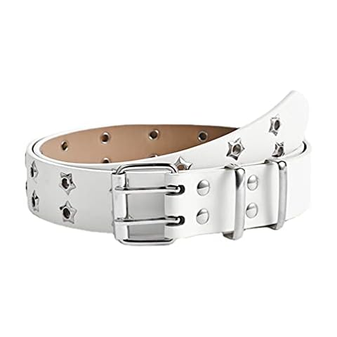 Double Grommet Belt Punk PU Leather Hollow Belt Ladies Fashion Star Eyelet Studded Belt 2 Hole Grommet Casual Jeans Belt for Women Men (White) Cover