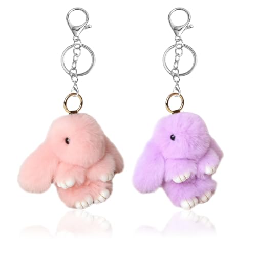 2PCS Adorable Porte-clés Lapin en Pluh,Clés En Fausse Fourrure Porte Clés Mignon En Peluche Lapin Porte,Décoration de Pompon en Peluche (Rose et violet)