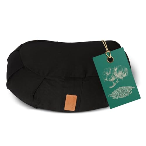#DoYourYoga Cojín Zafu de Media Luna Ganesh con cáscara de Trigo sarraceno orgánico(KBA) Funda Lavable 100% algodón, 45 x 30 x 14 cm, meditación & Yoga - Negro