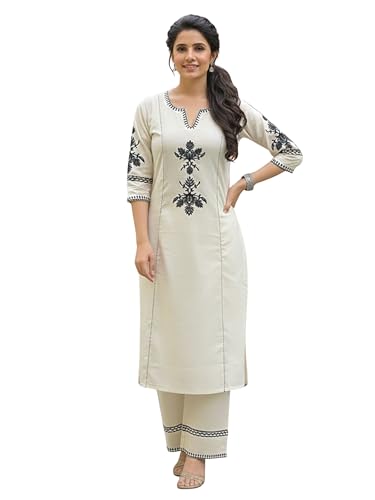 Image of Leriya Fashion Women's Cotton Straight Embroidered Kurta with Pant Set | Ethnic Motifs Work Kurti with Pant for Women | Casual & Office Outfit Ensemble | Kurta Sets for Woman