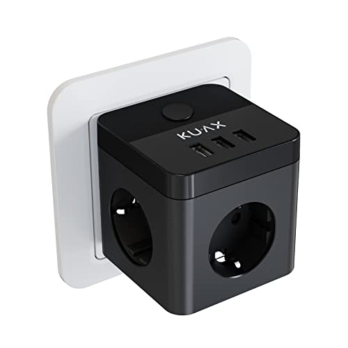 KUAX Cubo Ladron de Enchufes Triple con 3 Puertos USB, 6 en 1, Cargador Multiple de Pared con Interruptor, Compatible con Phone, Pad, para Hogar Oficina (Negro)