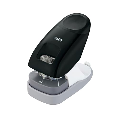 PLUS, Grapadora sin grapas para escritorio, capacidad de 10 hojas, con guía, función de grapado y perforación, color negro