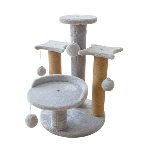 Image of Multi-Level Play Cat Tree, Grey and Natural Sisal, 17 Inch Height with Plush Platforms, Scratching Posts, Hanging Balls, Indoor Activity Tower FURR-18-GR (Grey)