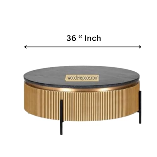 Image of WOODEN SPACE Premium Luxury Nazaara Marble-Top Coffee Table with Iron Legs & PVD Coating | Modern Round Wooden Center Table for Living Room & Entryway
