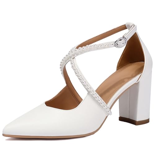Women's Chunky High Heels with Pearl Closed Toe Cross Strap Pumps Dress Shoes