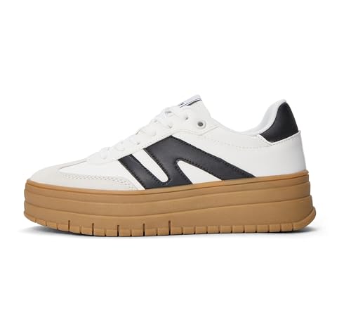 LUCKY STEP Zapatillas Plataforma Mujer - Cuña Clásica Lona Retro Tobillo Bajo Cómodas Diarias (Blanco/Negro, 11US-42EU-9UK)