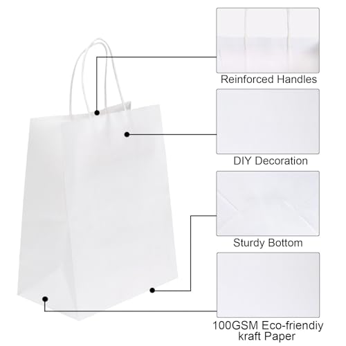 Joybe 50 Pack 8x4.75x10 Inch Medium White Kraft Paper Bags with Handles Bulk, Craft Paper Gift Bags for Party Favors Grocery Retail Shopping Business Goody Merchandise Take Out Blank Sacks (50pcs) by Joybe - Image 3