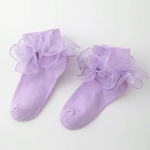 Image of Women Big Ruffle Ankle Socks Adult Double Lace Frilly Turn Cuff Dress Socks Cotton Cute Fancy Bobby Crew Socks
