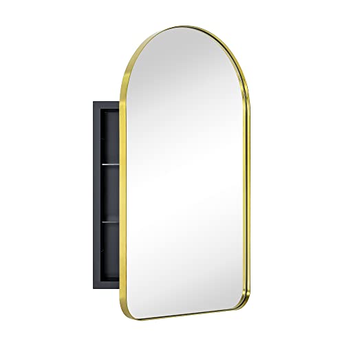 EGHOME Brushed Gold Arched Recessed Bathroom Medicine Cabinet with Mirror Stainless Steel Metal Framed Rectangular Bathroom Cabinet with Mirror 16x28\'\'
