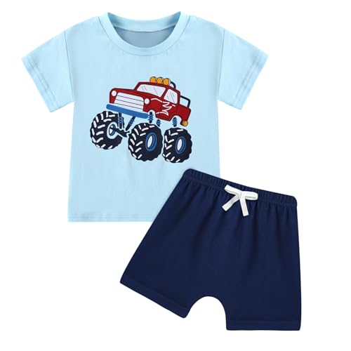 Coco&RARA Toddler Clothes for Boys Short Sleeve Cute Toddler Outfits Summer T-Shirt + Spring 2t Boys Shorts Blue 18-24 Months