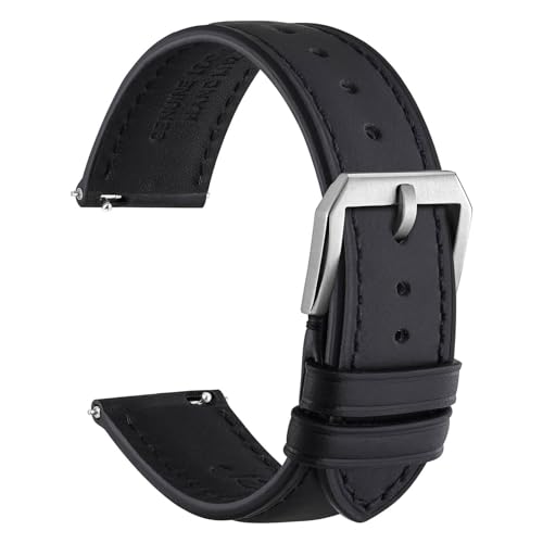 WOCCI 20mm Correa de Reloj, Cuero Genuino, Liberación Rápida, Hebilla Plateada (Negro)
