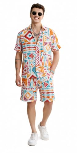 Image of Zilcon Men's Cord Set Short Sleeve Summer Winter Holiday Printed Shirt & Shorts Set 2 Pockets Oversize Two Piece Casual Daily Men co ord Set