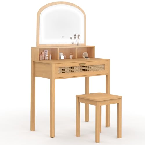 IDMarket - Coiffeuse EDHEN avec Miroir LED, 1 tiroir, 3 niches et Tabouret Effet cannage Naturel et Bois