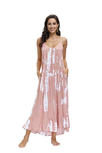 Image of BUENOS NINOS Women's V Neck Floral Maxi Dress Boho Printed Adjustable Spaghetti Strap Ethnic Beach Long Dress with Pockets