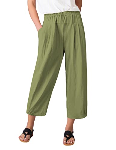 TOMEEK Damen Linien Hosen Sommer 7/8 Hose mit Weitem Bein Freizeithose Elegante Baumwollhose Elastische Taille Palazzo Haremshose Lose Hose mit Taschen, Militärgrün, Größe XXL