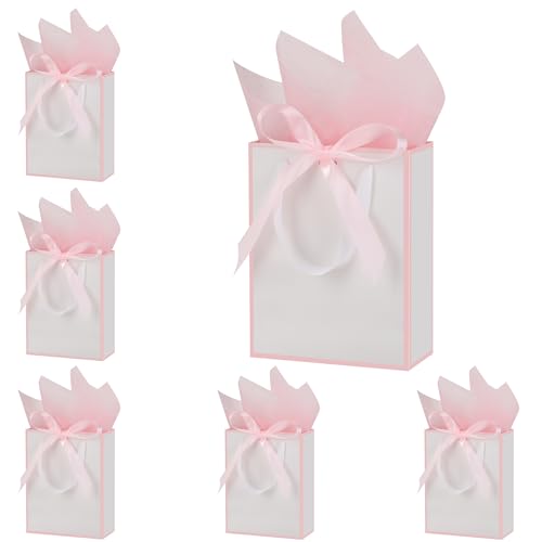 OEMVALATY 6 Pcs Thank You Gift Bags with Handles and Tissue Paper 9 x 7 x 3. 15'' Elegant Welcome Gift Bags with Bow Ribbon for Wedding Bridesmaid Baby Shower Housewarming Birthday Party(White, Pink)