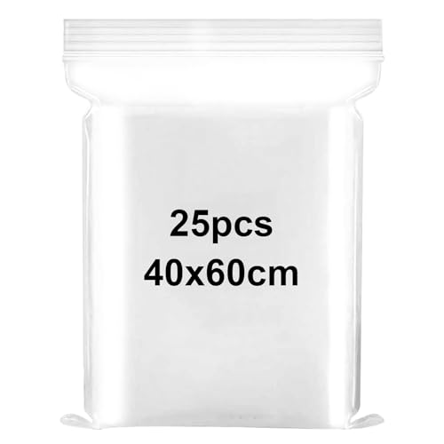 Lot de 25 grands sacs refermables en plastique transparent avec fermeture à glissière - 40 x 60 cm - Sacs de rangement hermétiques - Sacs épais Sachet Zippé Sachet...