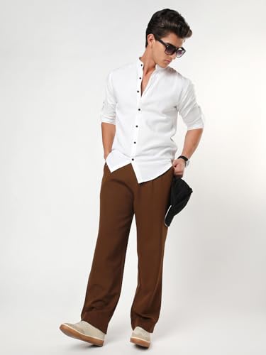 Image of Urbano Fashion Men's Linen Blend Full Sleeve Relaxed Fit Mandarin Collar Casual Solid Shirt