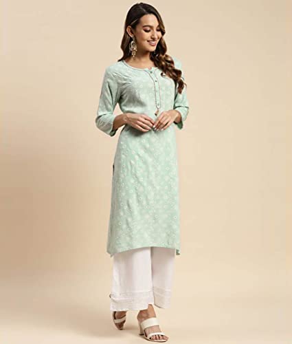 Image of rangita Mint Green Rayon Calf Length Printed Straight Kurti for Women | Kurta for Women