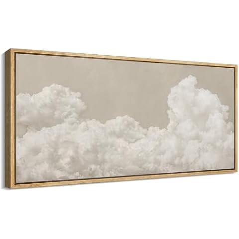 MUDECOR Extra Large Framed Canvas Print Wall Art Soft White Clouds on Beige Background Antique Retro Ready to Hang Painting for Living Room Bedroom Multi-Sizes - 60"x30" Cover