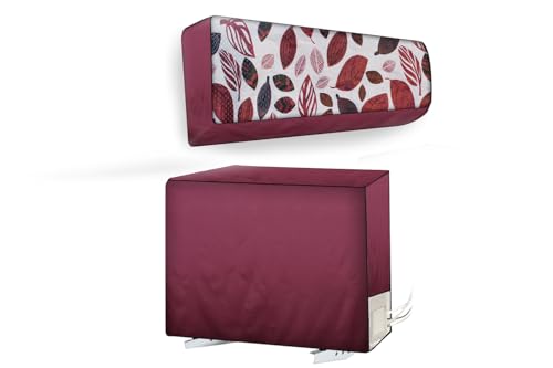 Image of The Furnishing Tree Split AC cover for indoor and outdoor unit of 2 ton waterproof and dustproof Maroon leaves pattern