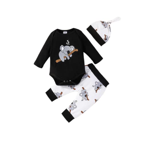 Image of Liyabanna Newborn Baby Boy Girl Clothes Set Koala Print Long Sleeve Romper Top+Long Pants+Hat Infant 3Pcs Fall Winter Outfits (Black, 3-6 Months)