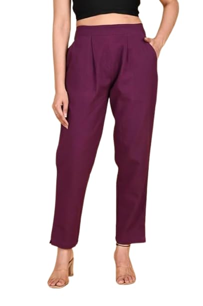 Women's Cotton Straight Fit Trousers, Regular Size, Casual Office Wear, Side Pockets-image-1