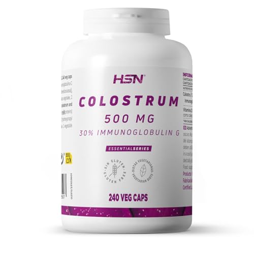 HSN Calostro 500mg (30% IgG) | 240 Cápsulas Vegetales | 2 Gramos Puro Calostro Bovino 600mg Inmunoglobulina G Activa por Dosis Diaria | con Vitamina D3 | No-GMO, Vegetariano, Sin Gluten