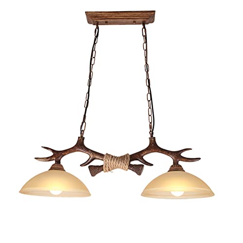 SYAXVOM Lampadario in Resina con Corna di Cervo, Lampada a Sospensione in Stile Rustico Americano retrò, Paralume a Cupola in Vetro a Doppia Testa, Ideale per Soggiorno, Isola Cucina, Came