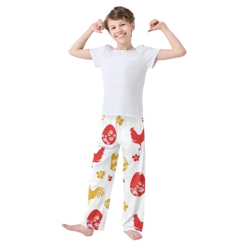 Rooster Floral Egg Boys Long Pants Soft Trousers Elastic Waist Kids Lounge Bottoms with Pockets S-XL3