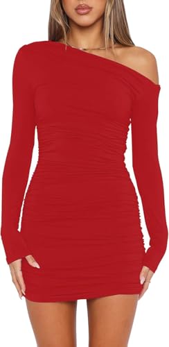 Wenrine Damen Kleider Sexy Schulterfrei Partykleid Langarm Minikleid Rüschen Bodycon Hochzeitsgast Cocktailkleid(Rot, M)