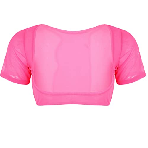 TiaoBug Damen Mesh Crop Top Kurzarm Unterhemd Bauchfreies Oberteil Basic Transparent Unterwäsche Shirts Ouvert Dessous Reizvoll Pink One Size