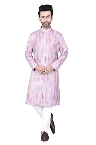 Tie Dye Printed Rayon Kurta Set, Pink, Full Sleeve, Chinese Collar, with White Cotton Pajama
