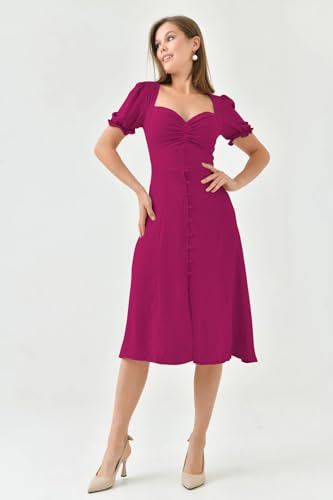 Image of Shasmi Girl's & Women's Solid Midi Dress - Elegant Square Neck Button-Down Dress with Puff Short Sleeves | Stylish Casual & Party & Office Wear Outfit (Dress 105)