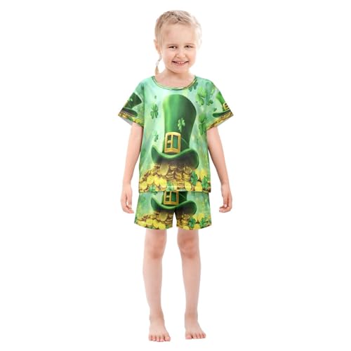 ALAZA Hat Gold Coin Patrick's Day Clover Leaf Pajamas Set Short Sleeve Cotton Sleepwear Summer Pjs 2 Piece 5-14Y3