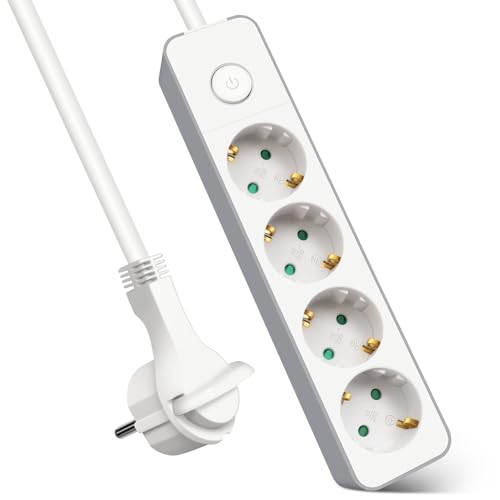 EXTRASTAR Flachstecker Mehrfachsteckdose 4-Fach, Steckdosenleiste Flacher Stecker mit Druckknopfschalter, 5m Kabel f&uuml;r B&uuml;ro und Zuhause, Wei&szlig; + Grau