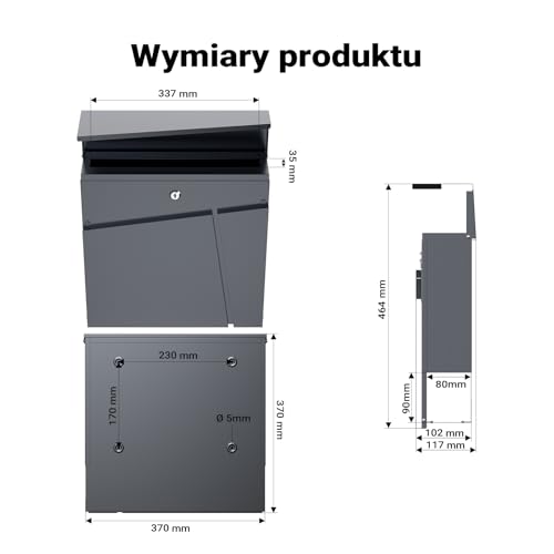 Wiltec Skrzynka na listy antracytowa V23, stalowa z ukrytym zamkiem, nowoczesna skrzynka pocztowa do montażu na ścianie i stojaku, miejsce na gazety