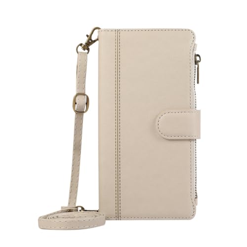 Étui iPhone 14 Pro portefeuille beige en cuir avec bandoulière et fentes cartes