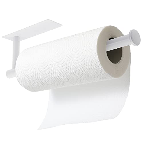 Image of theaoo White Paper Towel Holder - Under Cabinet Paper Towel Holder for Kitchen, Adhesive Paper Towel Roll Rack for Bathroom Towel, Wall Mounted Paper Towel Rack, SUS304 Stainless Steel