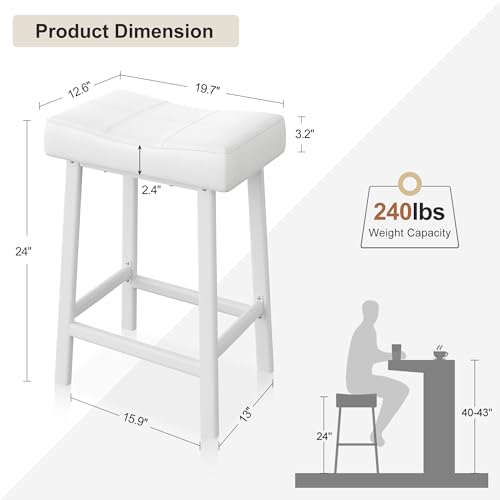 24 Saddle Bar Stools Set of 2, Stylish Backless PU Leather Counter Height Stools with Curved Cushion, Perfect for Kitchen Counters or Home Bars, White