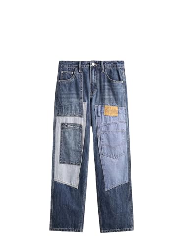 Men’S Retro High Street Patchwork Loose Fit Wide Leg Denim Jeans Zipper Fly Midweight Embroidery Full Length Trendy Jeans