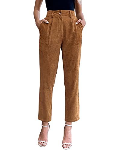 SweatyRocks Women's Casual High Waisted Straight Leg Corduroy Work Pants with Slant Pocket