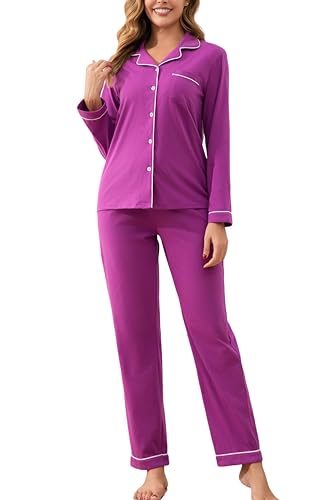 Image of 100% Cotton Pajama Sets for Women 2 Piece Long Sleeve Button Down Pjs Soft Comfy Ladies Sleepwear Lounge Sets S-XL