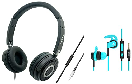 Image of boAt Bassheads 900 Wired On Ear Headphones with Mic (Carbon Black) & Bassheads 242 in Ear Wired Earphones with Mic(Blue)