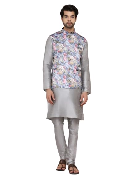 sadree Men's Silk Knee Length Mandrin Collor Solid Attractive Colours Kurta Churidar Pajama Floral Satin Print Nehru Jacket Set/Modi Jacket Stes-picture-25