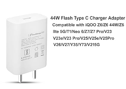 Image of Original 44W Flash Type C Charger Adapter (Included Cable) Compatible with iQOO Z6 /Z6 44W /Z6 lIte 5G /T1 /Neo 6 /Z7 /Z7 Pro /V23 /V23e /V23 Pro /V25 /V25e /V25 Pro /V26 /V27 /Y35 /Y73 /V215G Series USB-C(AX001)