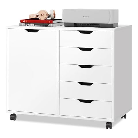 DEVAISE 5-Drawer Wood Dresser Chest with Door, Mobile Storage Cabinet, Printer Stand for Home Office Cover